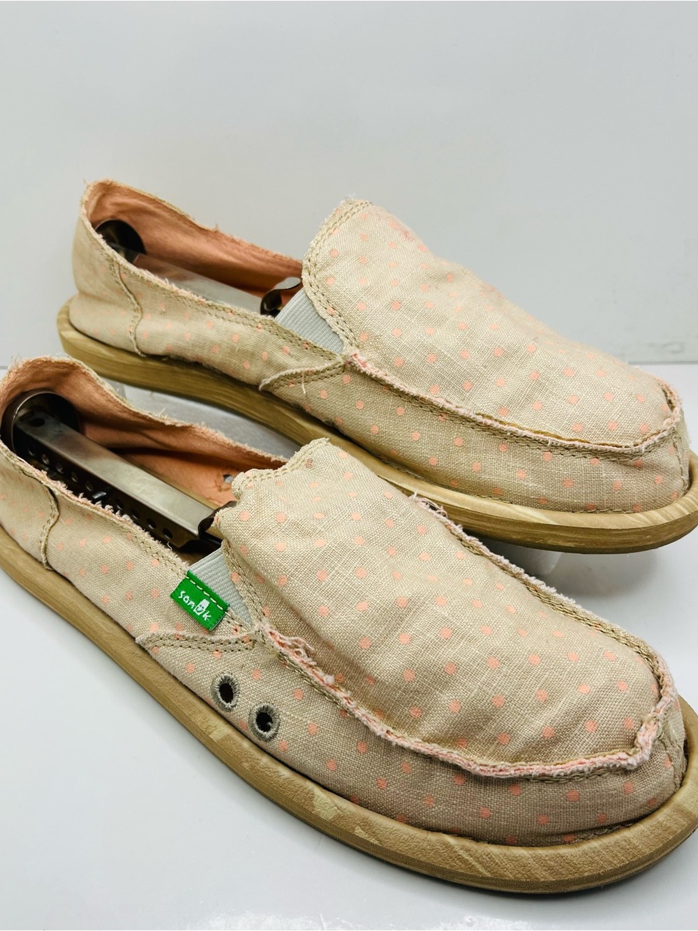 Sanuk Women’s Slip-On Espadrilles in Cream with Pink Polka Dots